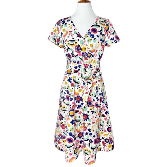 SOLD-Boden Colorful Artsy Flower Faux Wrap Short Sleeve Knee Length White Dress - Picture 2 of 10